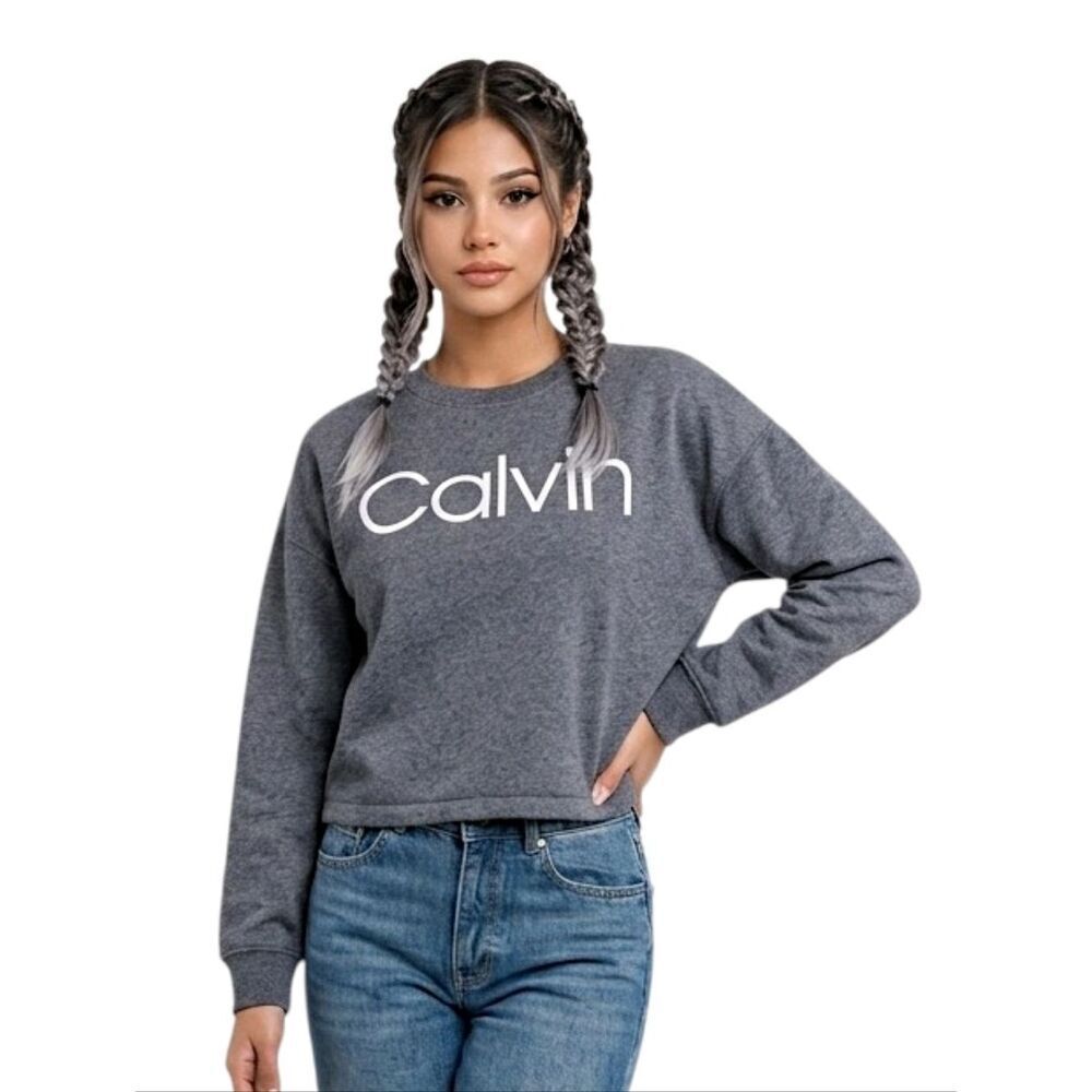 Calvin Klein Heathered Gray Crewneck Cropped Sweatshirt Size L NWOT